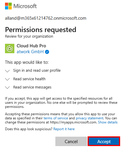 Step 7: Administrator accepts permissions